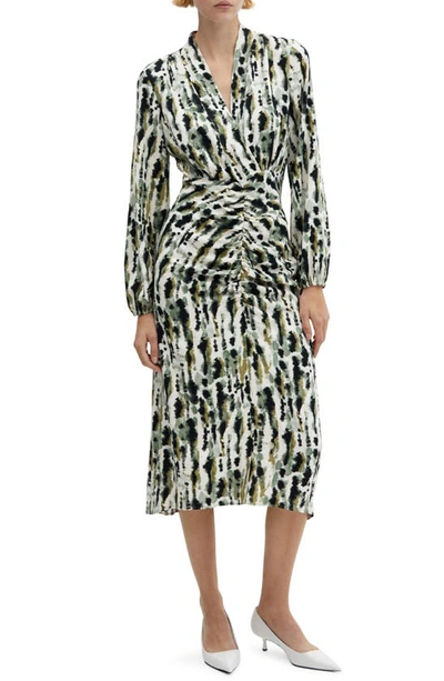 Mango Leonor Print Long Sleeve Midi Dress In White/ Light Beige