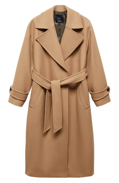 Mango Belted Wool Blend Coat In Medium Brown