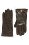 Versace La Medusa Silk Lined Leather Gloves In Black/ Gold