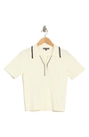 Adrianna Papell Tipped Short Sleeve Polo Sweater In Creamy Ivory/ Black