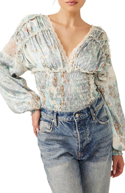 Free People Worth The Wait Floral Long Sleeve Bodysuit In Blue