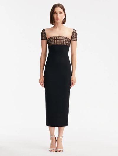 Oscar De La Renta Crystal Grid Cap Sleeve Dress In Black