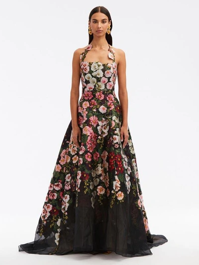 Oscar De La Renta Floral-embroidery Silk Dress In Pink/black