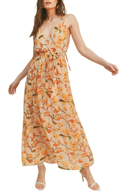 Lush Floral Tie Back Maxi Dress In Taupe Yellow Floral