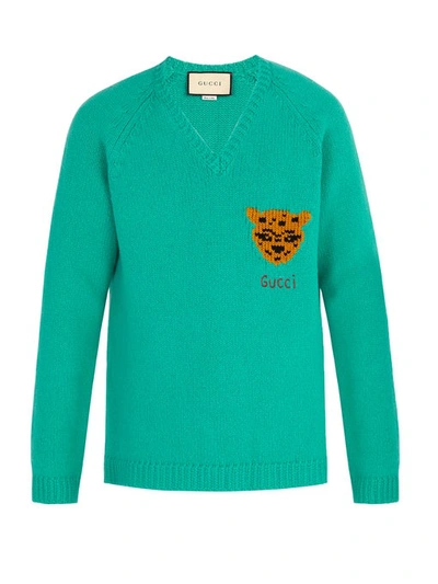 Gucci V-neck Tiger-intarsia Wool Sweater In Green