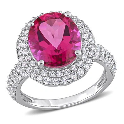 Mimi & Max 7 1/7ct Tgw Pink Topaz And Created White Sapphire Double Halo Cocktail Ring In Sterling Silver In Red