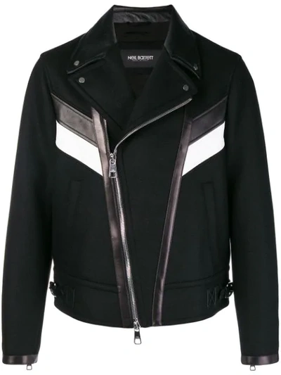Neil Barrett Striped Leather Trim Biker Jacket In Black