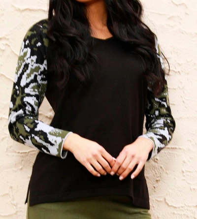Angel Apparel Abstract V-neck Top In Black/sage In Multi