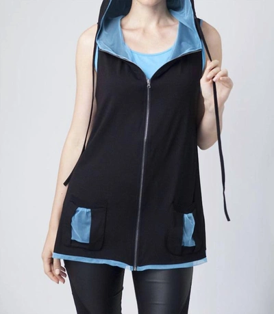 Angel Apparel Contrast Hooded Zip Vest In Black/turquoise In Multi