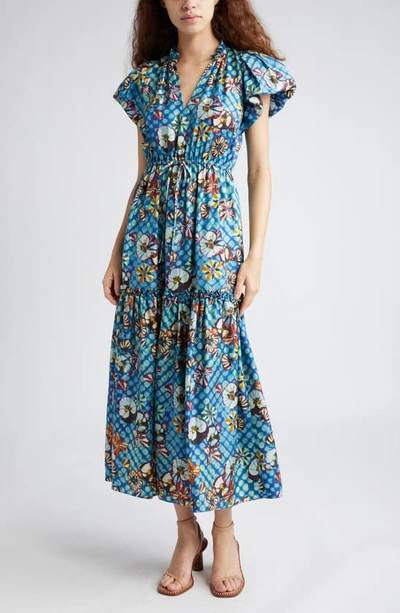 Ulla Johnson Scarlett Floral Shibori Mixed Print Silk Midi Dress In Multi