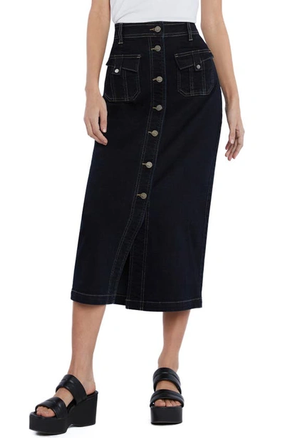 Wash Lab Denim Tab Pocket High Waist Button Front Denim Midi Skirt In Onyx Wash