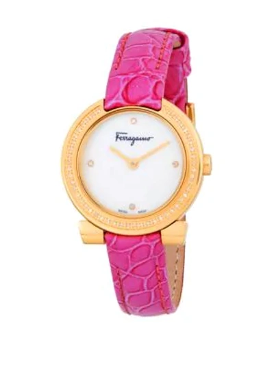 Ferragamo Stainless Steel Croc-print Leather Strap Watch In Gold