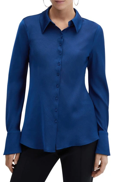 Mango Textured Satin Button-up Shirt In Medium Blue