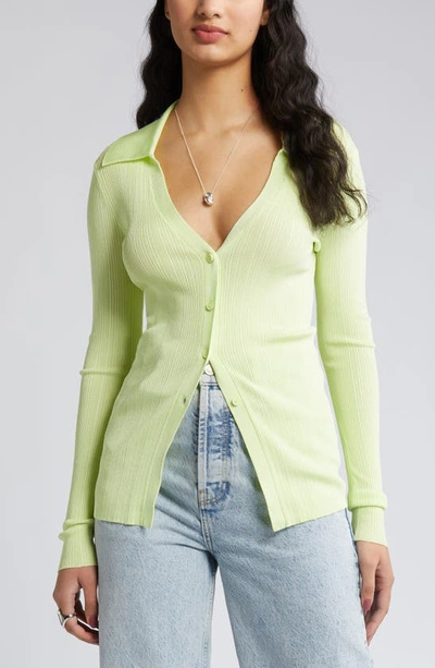 Open Edit Collar Rib Cardigan In Green Calm