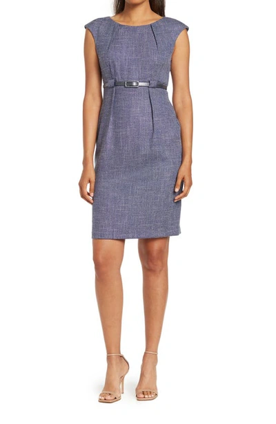Connected Apparel Belted Cap Sleeve Sheath Dress In Denim
