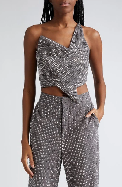 Area Star Asymmetric Crystal Embellished Crop Top In Charcoal