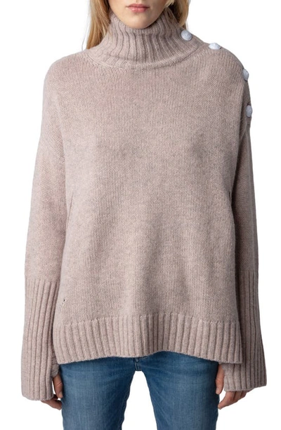 Zadig & Voltaire Alma Button Shoulder Cashmere Turtleneck Sweater In Primerose