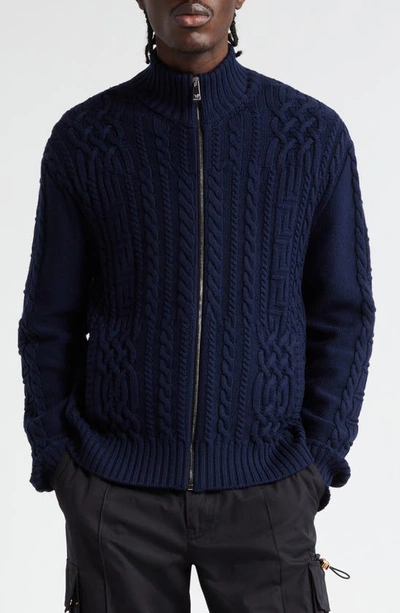 Versace Medusa Cable Knit Zip Cardigan In Navy Blue