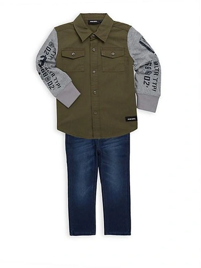 Diesel Little Boy's Military Raglan Sleeve Top & Jeans Two-piece Set In Military Green