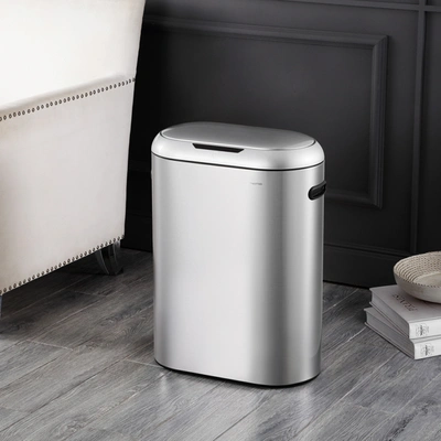 Happimess Robo Kitchen 13.2-gallon Slim Oval Motion Sensor Touchless Trash Can With Touch Mode, Cotton White In Silver