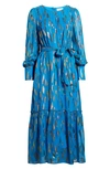 Ciebon Eryn Metallic Print Tie Waist Long Sleeve Maxi Dress In Ocean