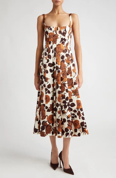 Emilia Wickstead Adele Rose Print Pleated Taffeta Faille Fit & Flare Midi Dress In Camel Roses