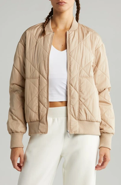 Zella Quilted Zip Bomber Jacket In Tan Taupe