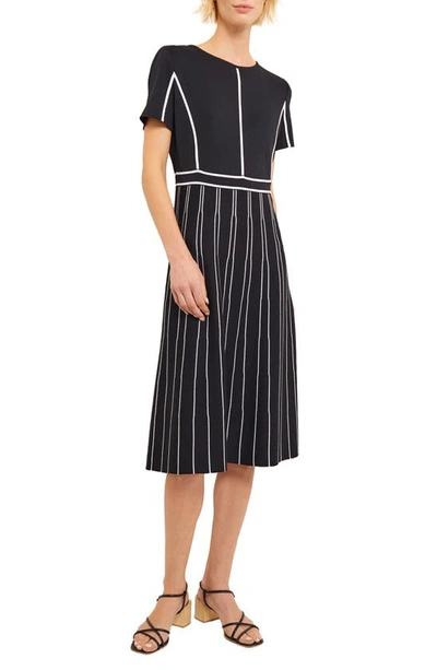 Misook Contrast Striped A-line Soft Knit Midi Dress In Black/white