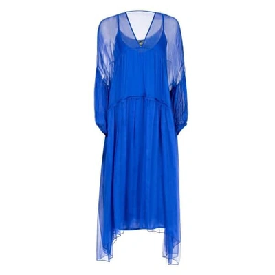 Nissa Loose Silk Dress With Puffed Sleeves In Blue
