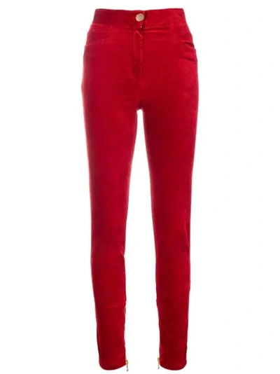 Balmain Stretch-velvet Skinny Trousers In Red