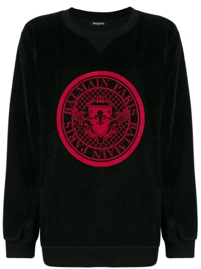 Balmain Logo-jacquard Velvet Sweatshirt In Noir/rouge