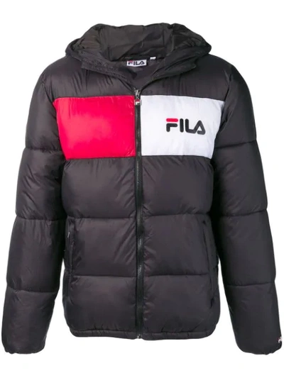 Fila Logo Printed Hooded Nylon Puffer Jacket In Black | ModeSens