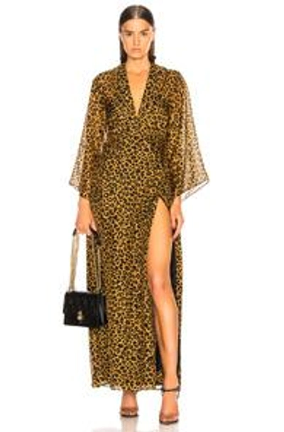 Michelle Mason Long Sleeve Plunge Gown In Tan Leopard