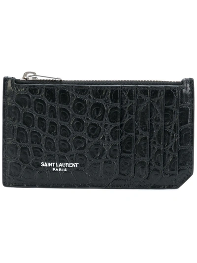 Saint Laurent Matte Croc Zipped Fragments Credit Card Case In Black