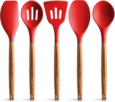 Zulay Kitchen Non-stick Silicone Cooking Utensils Set With Authentic Acacia Wood Handles (5 Piece) In Red