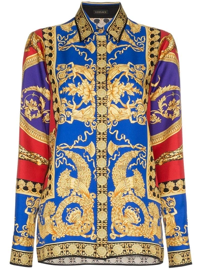 Versace Pillow Talk Archive Print Button-front Long-sleeve Silk Shirt In A7207 Red Multi