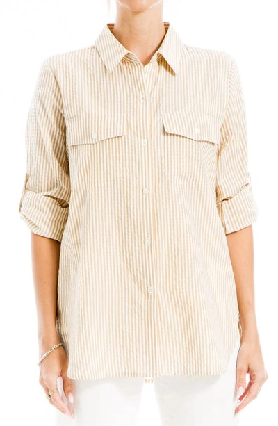 Max Studio Stripe Roll Sleeve Button-up Shirt In Crmls146