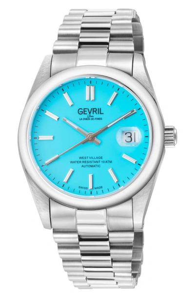 Gevril Automatic West Village Light Blue Aqua Dial Stainless Steel Bracelet Watch, 40mm