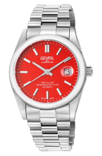 Gevril Automatic West Village Light Blue Aqua Dial Stainless Steel Bracelet Watch, 40mm In Red