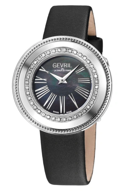 Gevril Gandria Swiss Quartz Diamond Bezel Leather Strap Watch, 36mm In Black