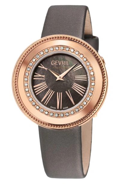 Gevril Gandria Swiss Quartz Diamond Bezel Leather Strap Watch, 36mm In Grey