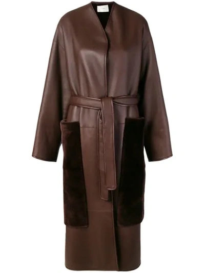 The Row Nooman Oversized Belted Shearling Coat In Brown
