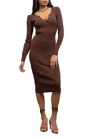 Blu Pepper Long Sleeve Rib Knit Midi Dress In Brown