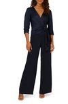 Adrianna Papell Belted Wide Leg Satin Crepe Jumpsuit In Dark Navy
