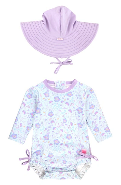 Rufflebutts Babies' Floral One-piece Rashguard Swimsuit & Hat Set In Blue Floral