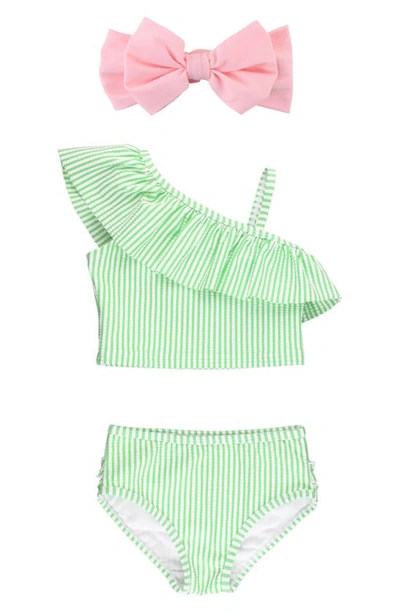 Rufflebutts Babies' Ruffle Seersucker Two-piece Swimsuit & Headband Set In Spring Green Seersucker