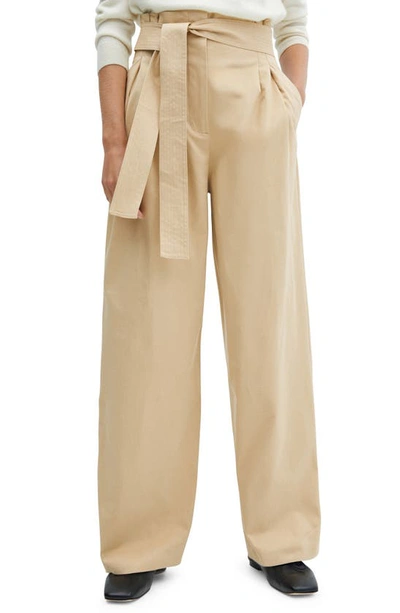 Mango Belted Paperbag Waist Wide Leg Trousers In Beige