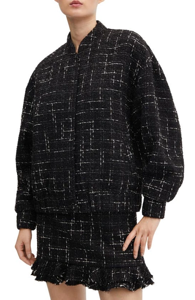 Mango Tweed Bomber Jacket In Black