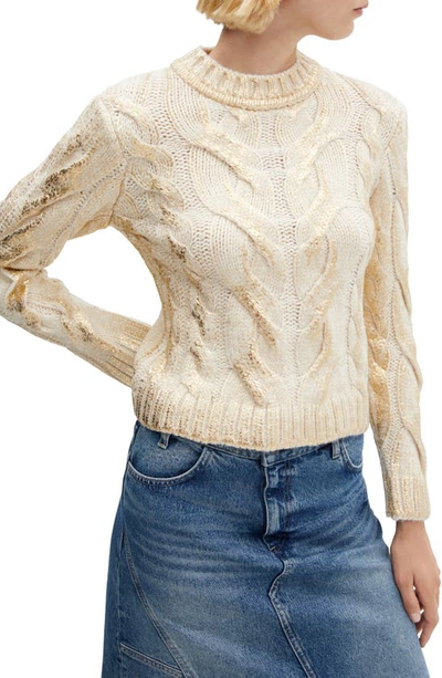 Mango Metallic Foil Cable Sweater In Gold