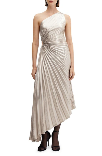Mango Asymmetric Cutout Pleated Satin Dress In Silver